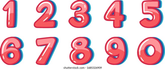 Font design for number one to zero on white background illustration