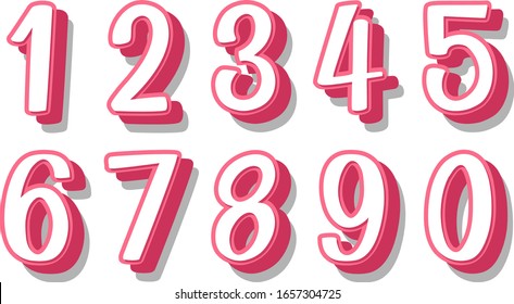 Font design for numbers one to zero on white background illustration