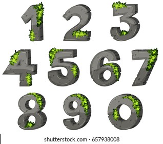 Font design for numbers with rock and leaves illustration