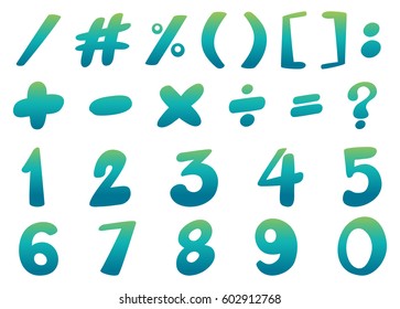 Font design for numbers and signs in blue illustration