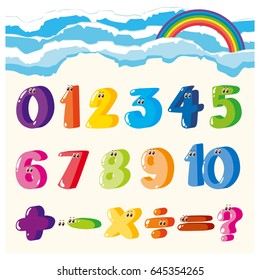 Font design for numbers and signs in many colors illustration