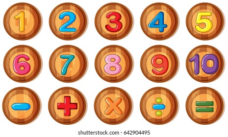 Font design for numbers and signs on round badges illustration