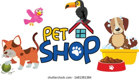 Font design for pet shop with many cute animals illustration