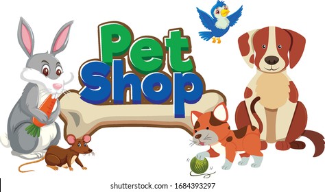 Font design for pet shop with many cute animals illustration