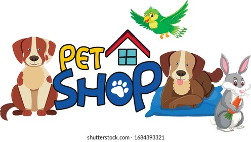 Font design for pet shop with many cute animals illustration