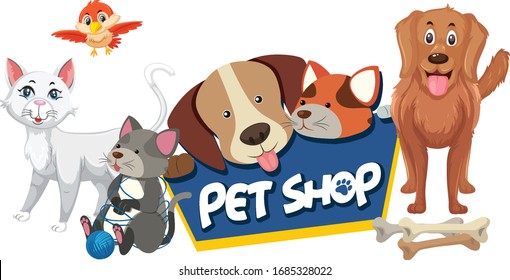 Font design for pet shop with many cute animals illustration