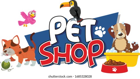Font design for pet shop with many cute animals illustration