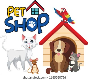 Font design for pet shop with many cute animals illustration