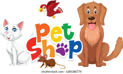 Font design for pet shop with many cute animals illustration