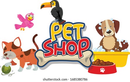 Font design for pet shop with many cute animals illustration