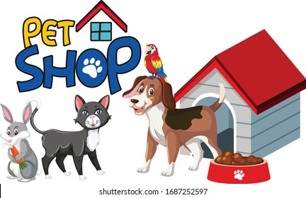 Font design for pet shop with many cute animals illustration