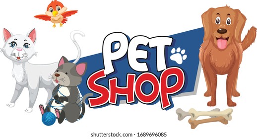 Font design for pet shop with many cute animals illustration