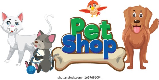 Font design for pet shop with many cute animals illustration