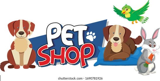 Font design for pet shop with many cute animals illustration