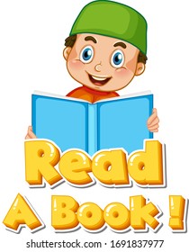 Font design for phrase read a book with kid reading illustration
