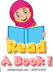 Font design for phrase read a book with kid reading illustration