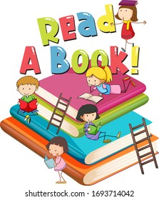 Font design for phrase read a book with kid reading illustration