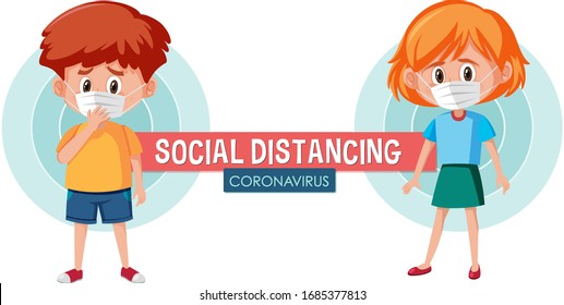 Font design for phrase social distancing with two kids illustration
