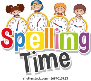 Font design for phrase spelling time with kids on the clock illustration