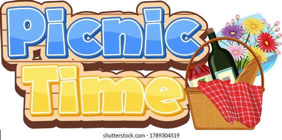Font design for picnic time with food in the basket illustration