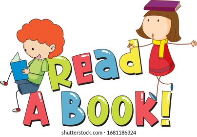 Font design for read a book with two kids reading illustration