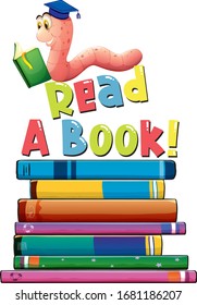 Diseño de fuentes para leer un libro con ilustración de libro de lectura de gusanos