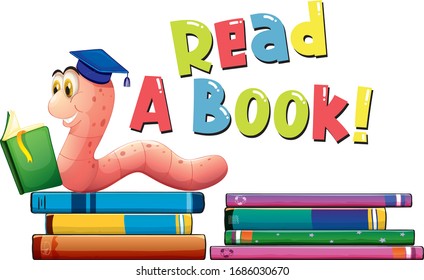 Font design for read a book with worm reading book illustration
