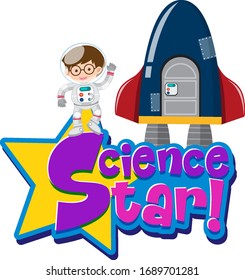 Font design for science star with astronaut and spaceship illustration