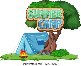 Font design for summer camp with blue tent in the park illustration