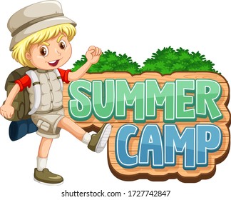 Diseño de tipos de letra para campamento de verano con un chico lindo en la ilustración del parque