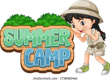 Font design for summer camp with cute kid at park illustration