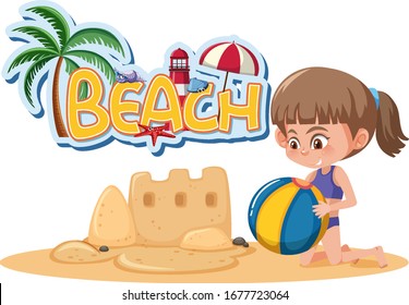 Font design template for word beach with girl playing sandcastle illustration