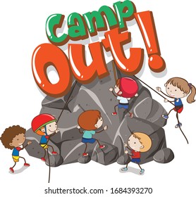 Font design template for word camp out with kids climbing rock illustration