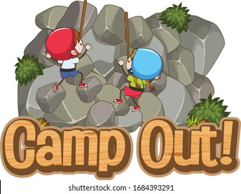 Font design template for word camp out with kids climbing rock illustration