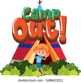 Font design template for word camp out with happy girl in park illustration