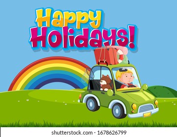 Font design template for word happy holidays with kid driving illustration