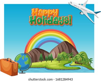 Font design template for word happy holidays with airplane flying illustration