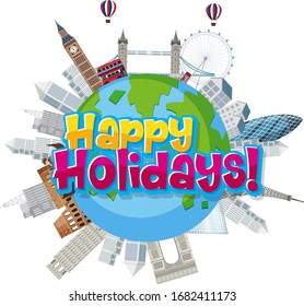 Font design template for word happy holidays with destinations on earth illustration