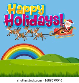 Font design template for word happy holidays with Santa on sleigh illustration