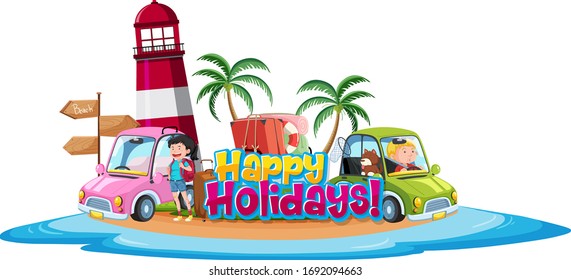 Font design template for word happy holidays with people on the island illustration