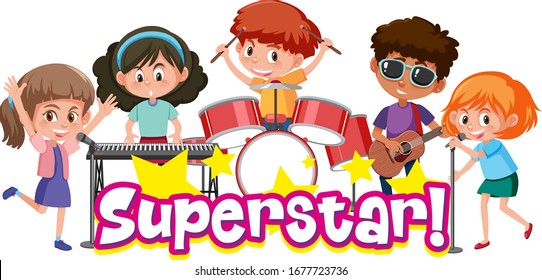 Font design template for word superstar with kids playing in band illustration