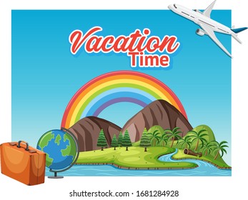 Font design template for word vacation time with plane flying illustration