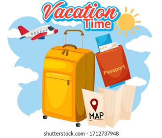 Font design for vacation time with map and luggage illustration