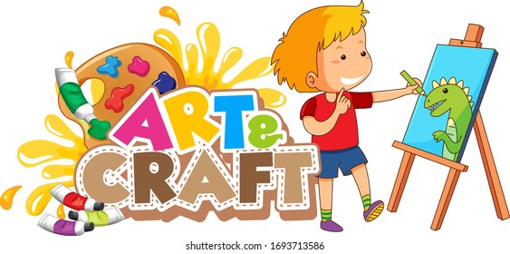 Font design for word art and craft with boy drawing on canvas illustration