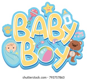 Font design for word baby boy with baby and toys illustration