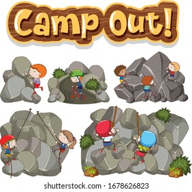 Font design for word camp out with children climbing rocks illustration