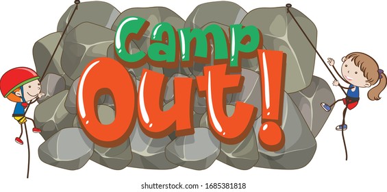 Font design for word camp out with two kids climbing rock illustration