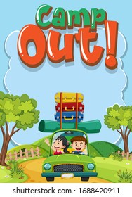 Font design for word camp out with kids driving in the park illustration