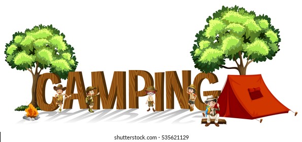 Font Design For Word Camping With Kids And Tent Illustration