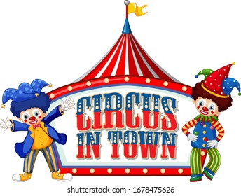 Font design for word circus in town with clowns in the circus illustration